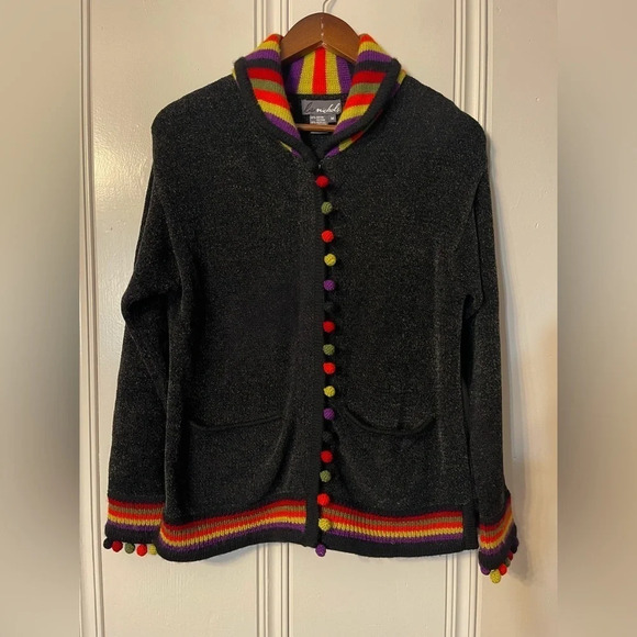 Lisa nichols Sweaters - LISA NICHOLS Rainbow Pom Cardigan Sweater Rainbow Collar snap Front sz M